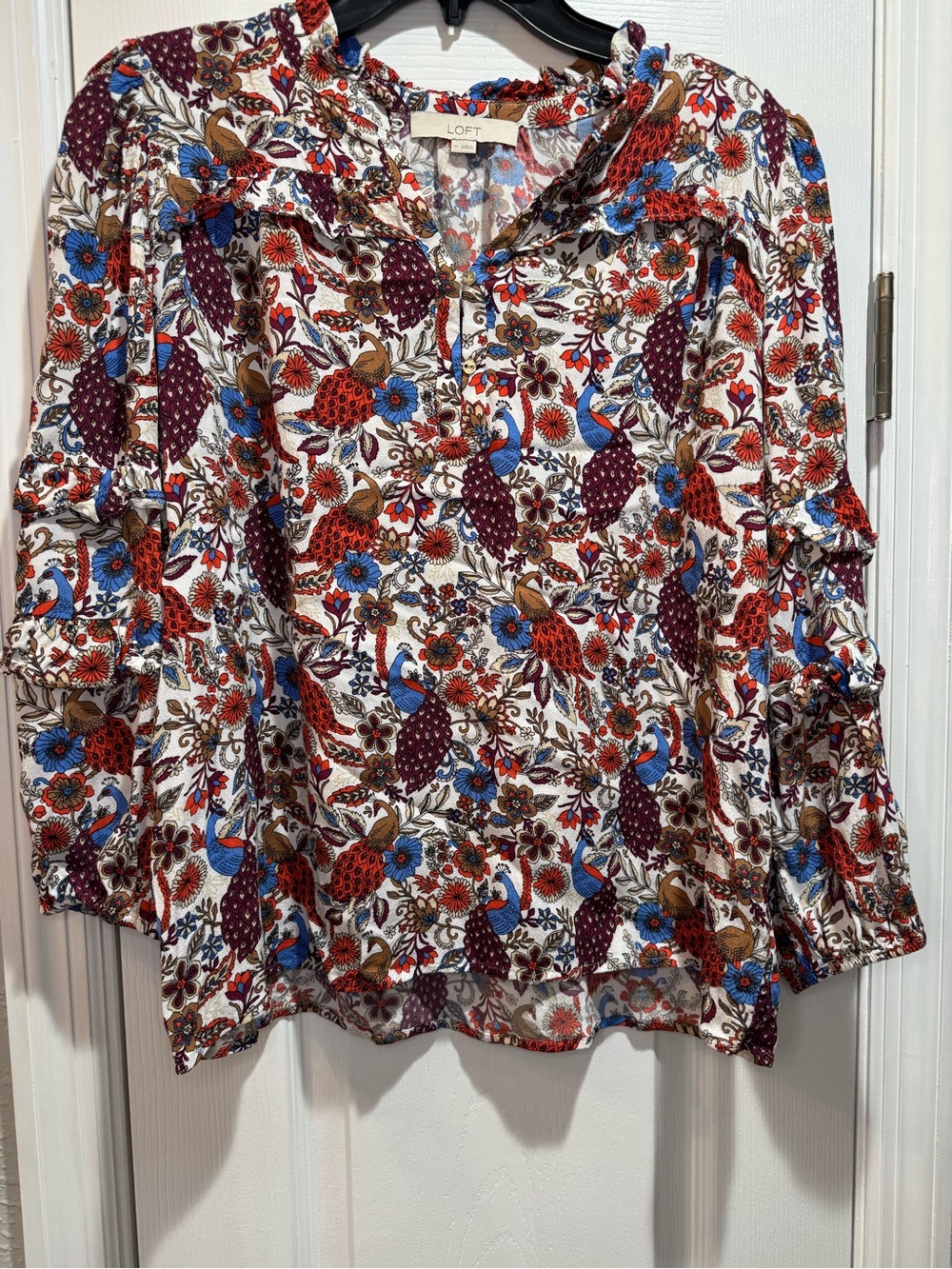 LOFT Floral Peacock Ruffle Long Sleeve Blouse Top Women's Size M Boho